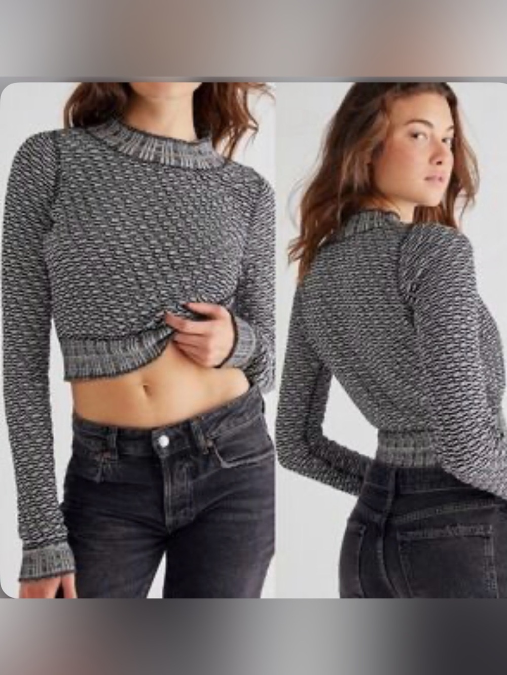 Free People Marled Cropped Crewneck Sweater - black & White